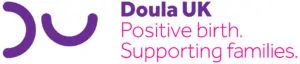Doula UK image with text Doula UK. Positive Birth. Supporting Families. With the D and U image in purple
